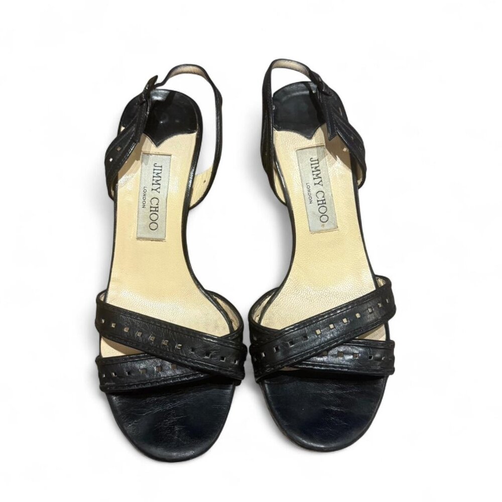 Size 7.5 Black leather cut out strappy Jimmy Choo heels